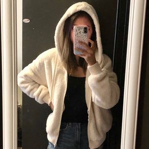 White fluffy hooded jacket